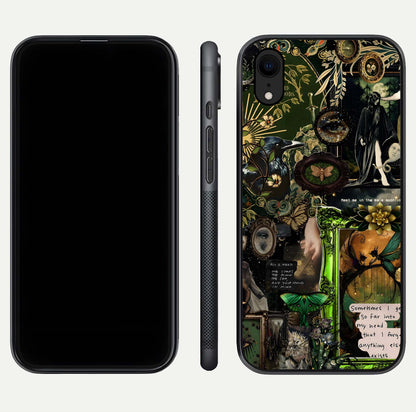Mystic Woods Secret Glass Case for iPhone Xr front & back layout showing nature theme and smooth edges