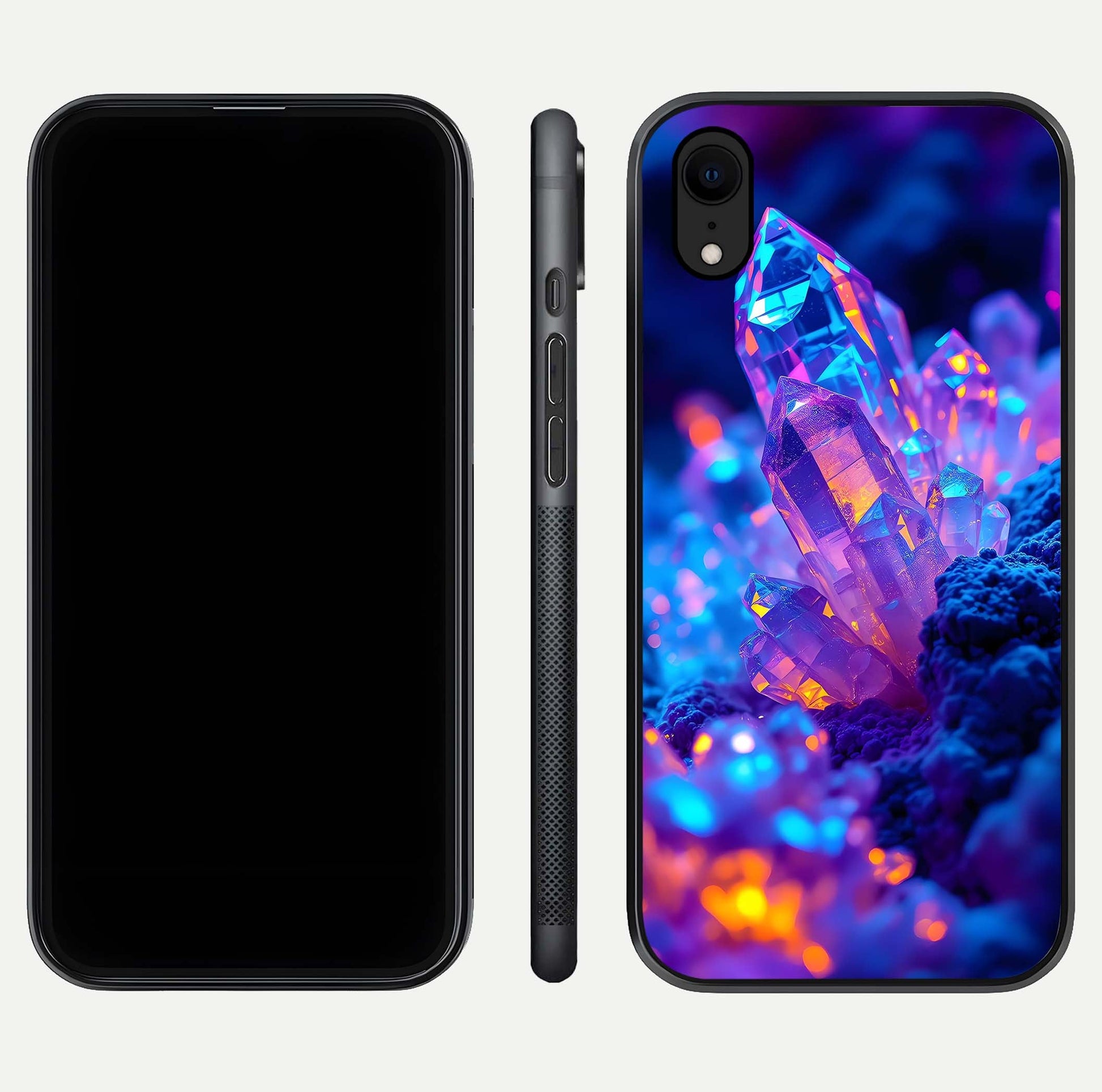 Neon Aura Shards Glass Case for iPhone Xr front & back layout showing vivid tones and edge finish