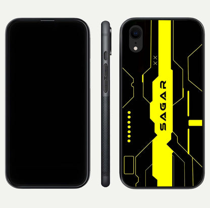 Neon CYBERPUNK Custom Name Glass Case for iPhone Xr front & back layout showing tech art and custom edge
