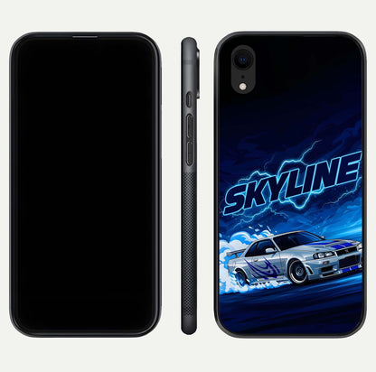 Neon Drift Beast Glass Case for iPhone Xr front & back layout showing car silhouette and edge design