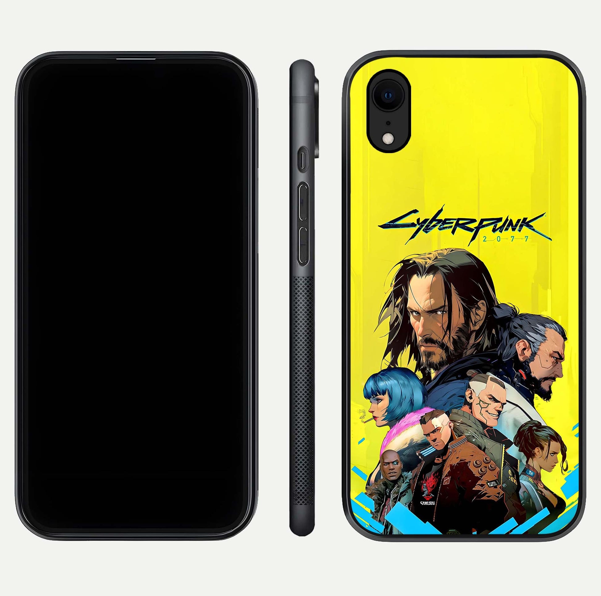 Neon Rebel Genesis Glass Case for iPhone Xr front & back layout highlighting futuristic theme and curves