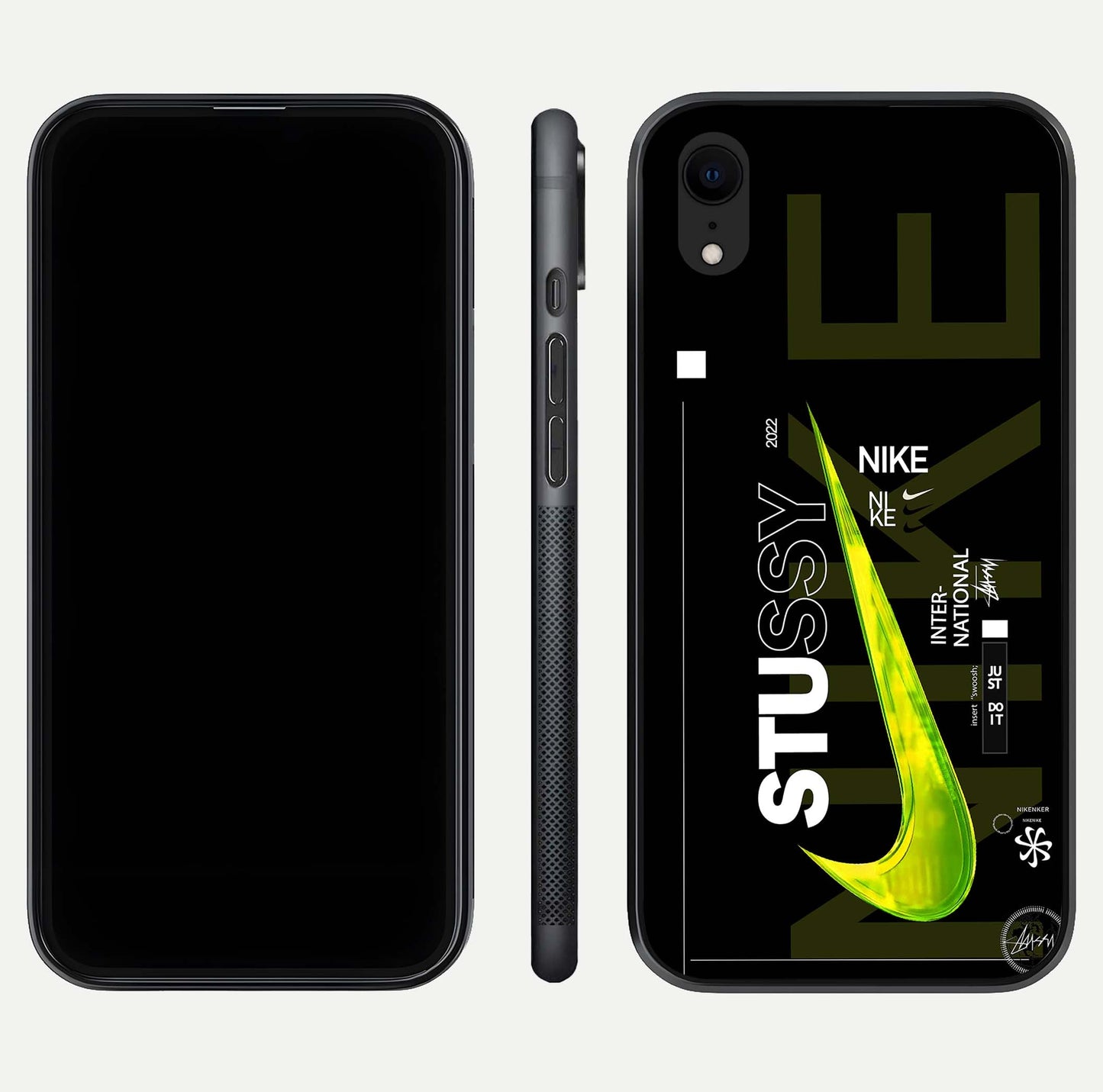 Neon Street Edition Glass Case for iPhone Xr front & back layout highlighting street art vibe and edges