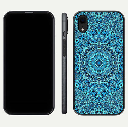 Ocean Bloom Mandala Glass Case for iPhone Xr front & back layout showing ocean tone design and edges