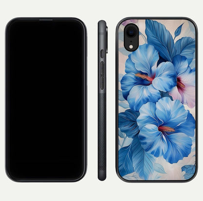 Ocean Hibiscus Grace Glass Case for iPhone Xr front & back layout showing vibrant oceanic tones and curves