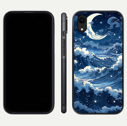 Ocean Moon Waves Glass Case for iPhone Xr front & back layout highlighting water flow and smooth edges