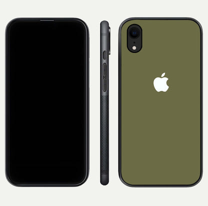 Olive Matte Essence Glass Case for iPhone Xr front & back layout highlighting simple design and clean edges