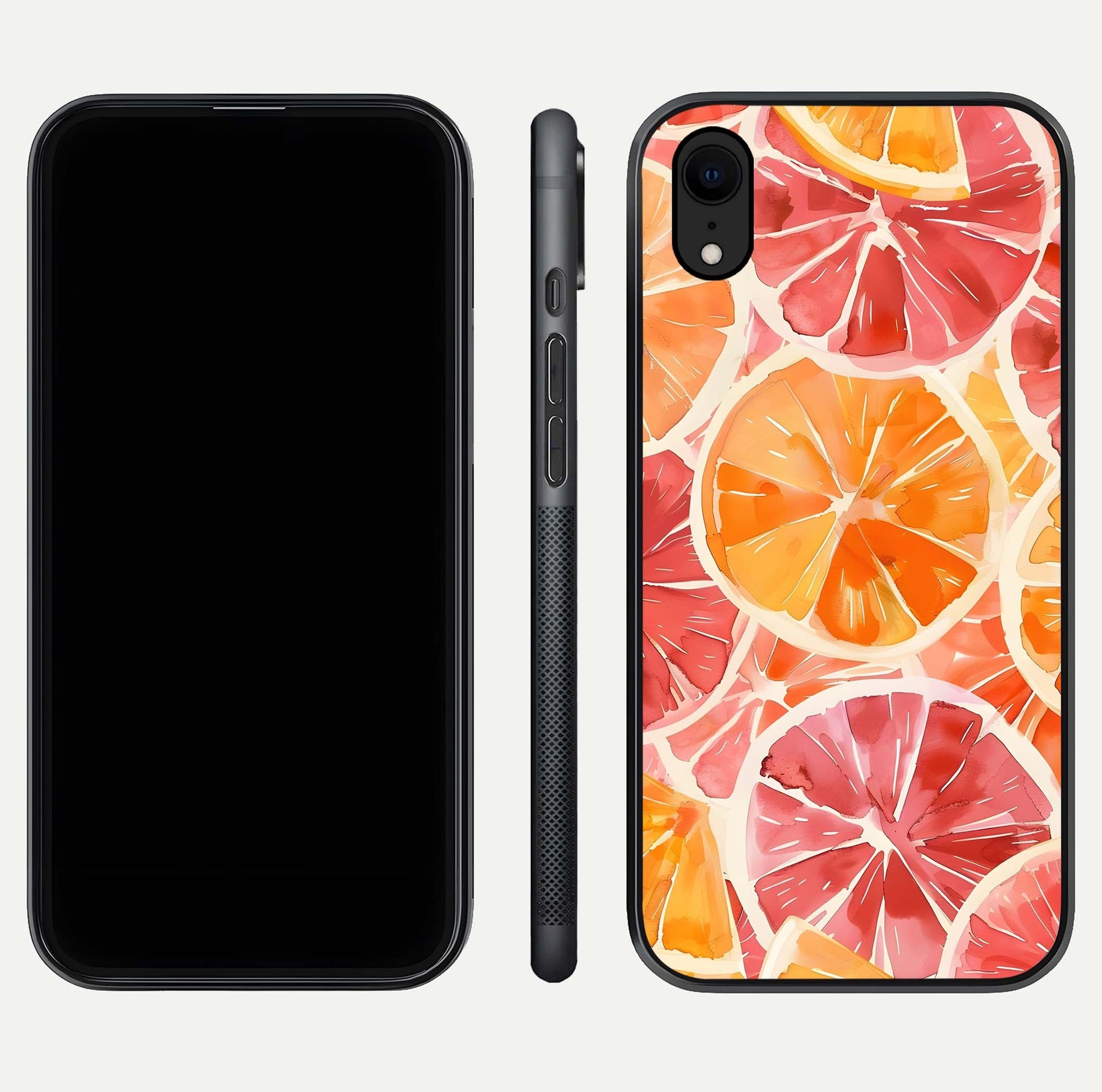 Orange Fruits Pattern Glass Case for iPhone Xr front & back layout highlighting bright colors and clean edges