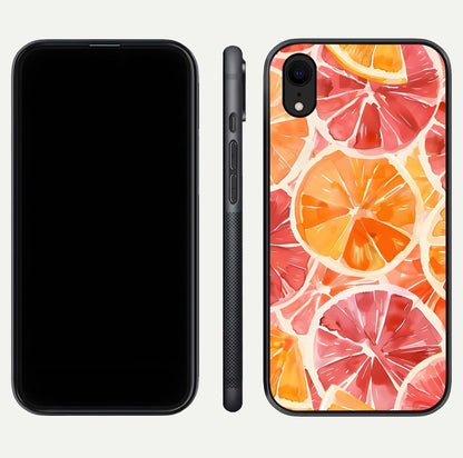 Orange Fruits Pattern Glass Case for iPhone Xr front & back layout highlighting bright colors and clean edges