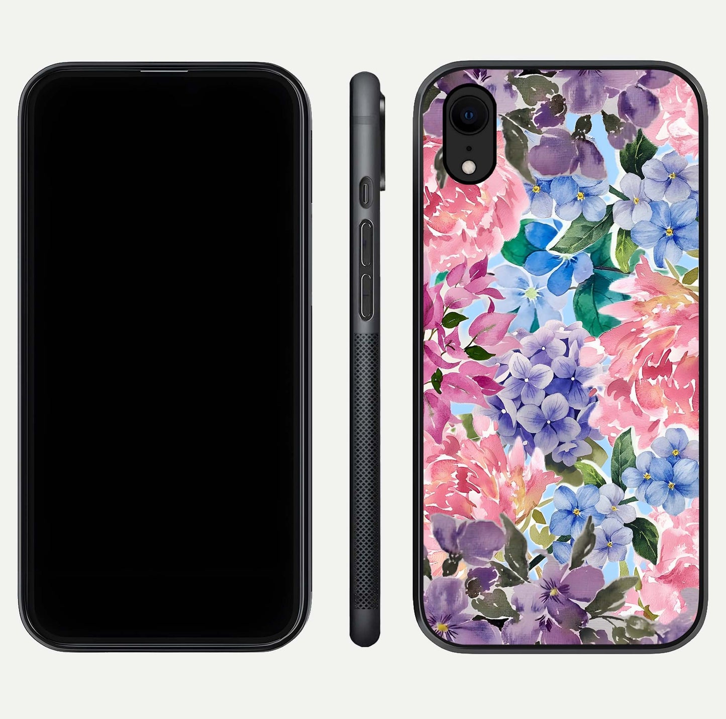Pastel Floral Mix Glass Case for iPhone Xr front & back layout showing gentle tones and elegant edges