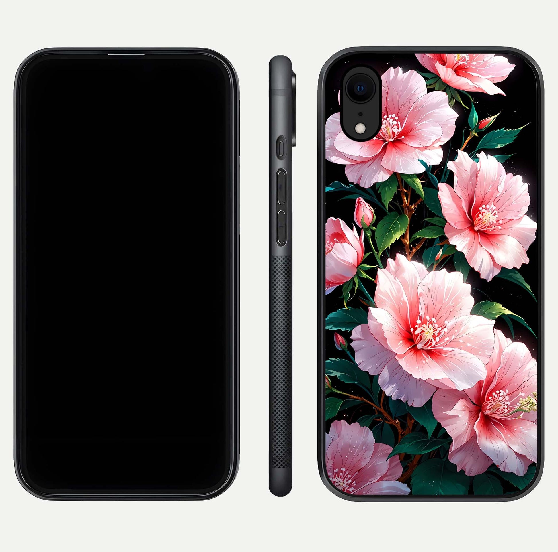 Peach Flower Glass Case for iPhone Xr front & back layout showing elegant floral tones and smooth edges
