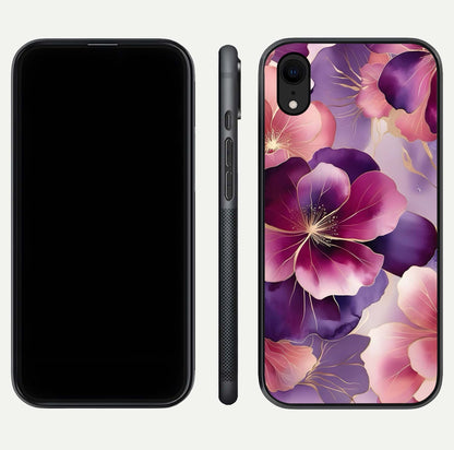 Pink Bouquet Florals Glass Case for iPhone Xr front & back layout highlighting vivid petals and smooth edges