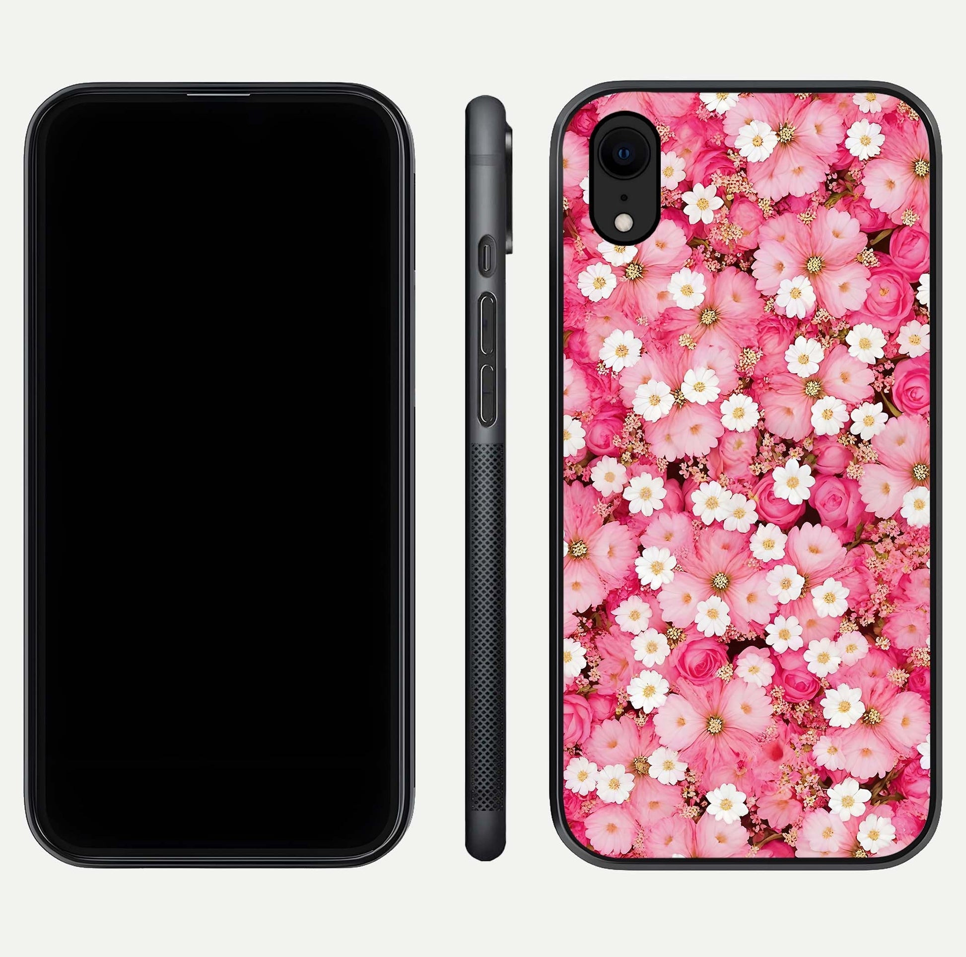 Pink Daisy Bliss Glass Case for iPhone Xr front & back layout showing HD floral tones and edge finish
