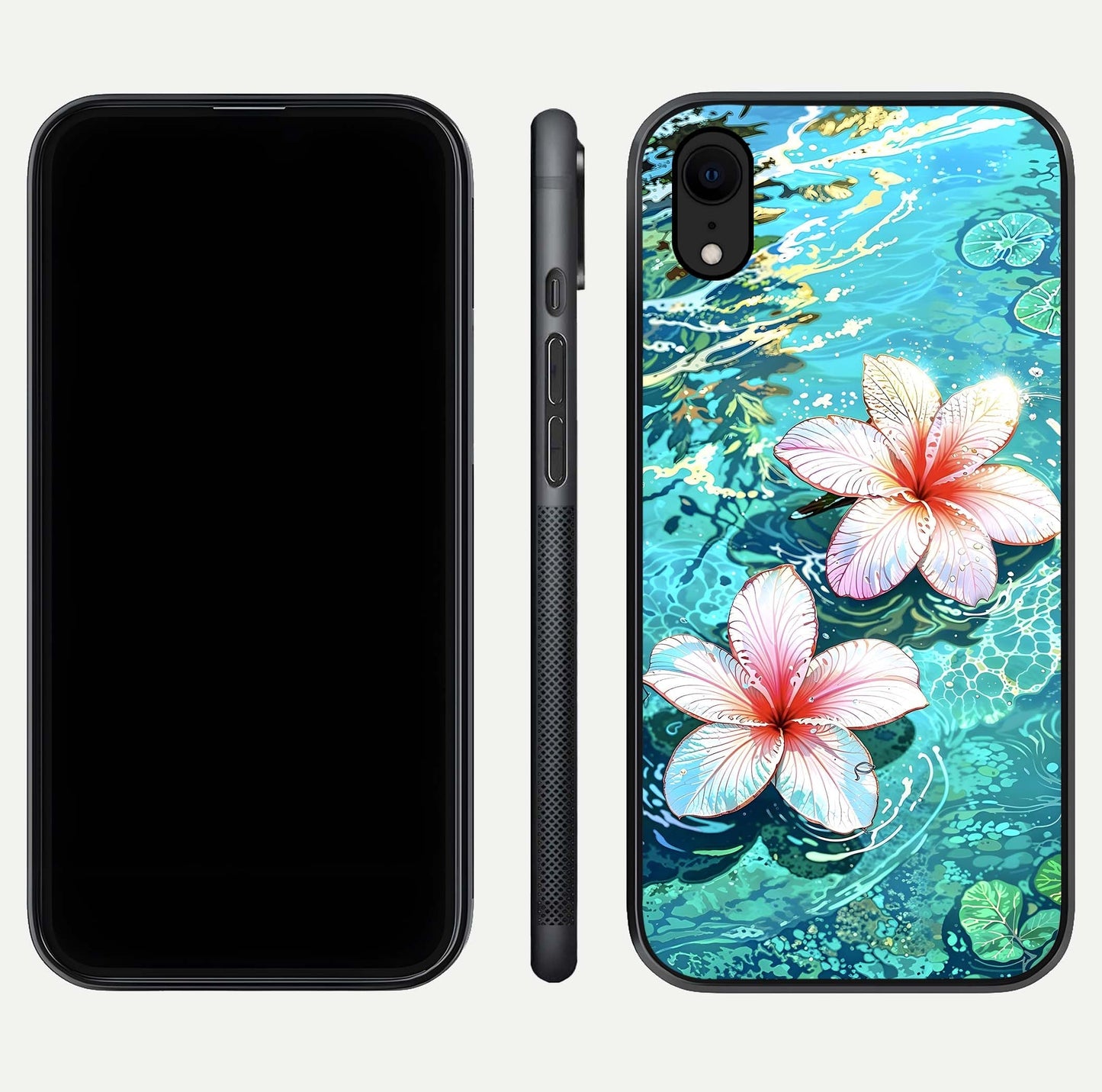 Pink Flowers in Water Glass Case for iPhone Xr front & back layout showing elegant pastel floral tones