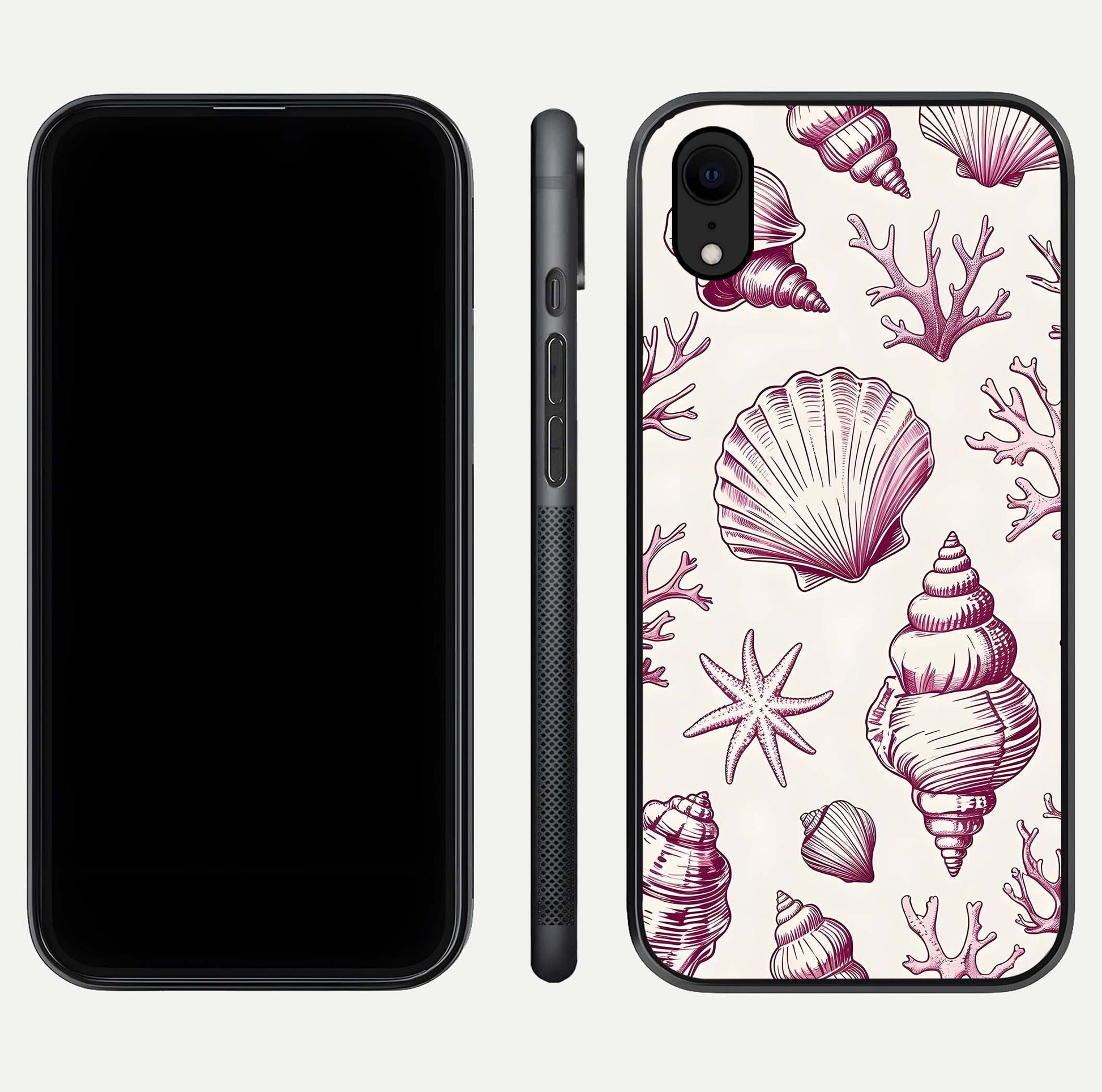 Pink Shells Outline Glass Case for iPhone Xr front & back layout showing soft pastel tones and edge design