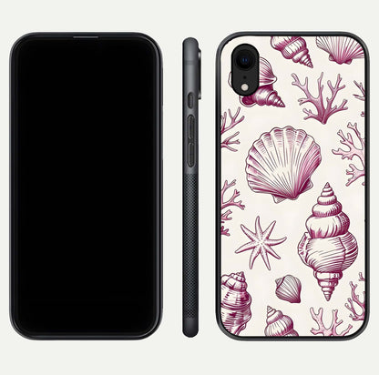 Pink Shells Outline Glass Case for iPhone Xr front & back layout showing soft pastel tones and edge design