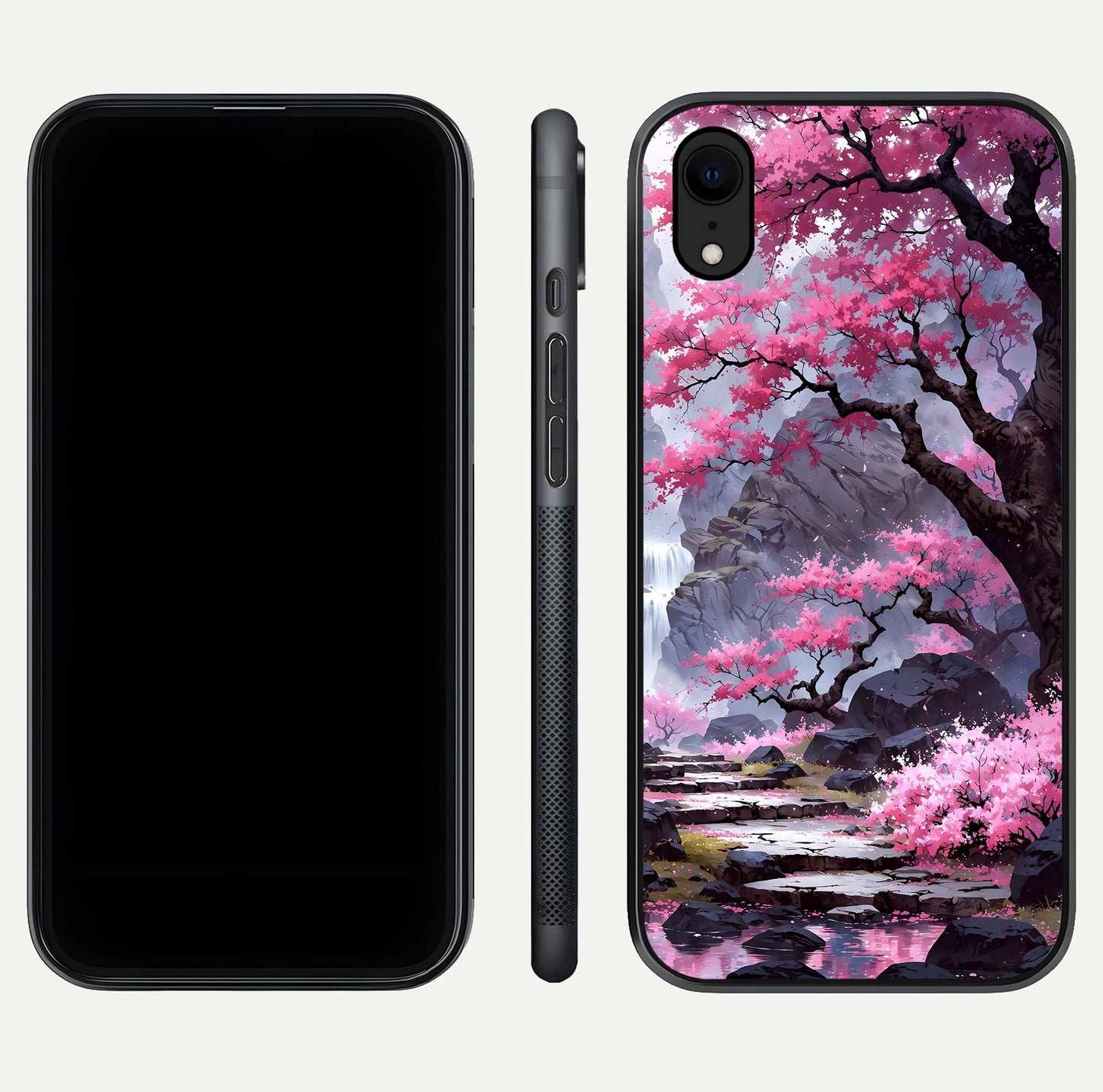 Pinkish Scenery Glass Case for iPhone Xr front & back layout showing landscape art and curved edge finish