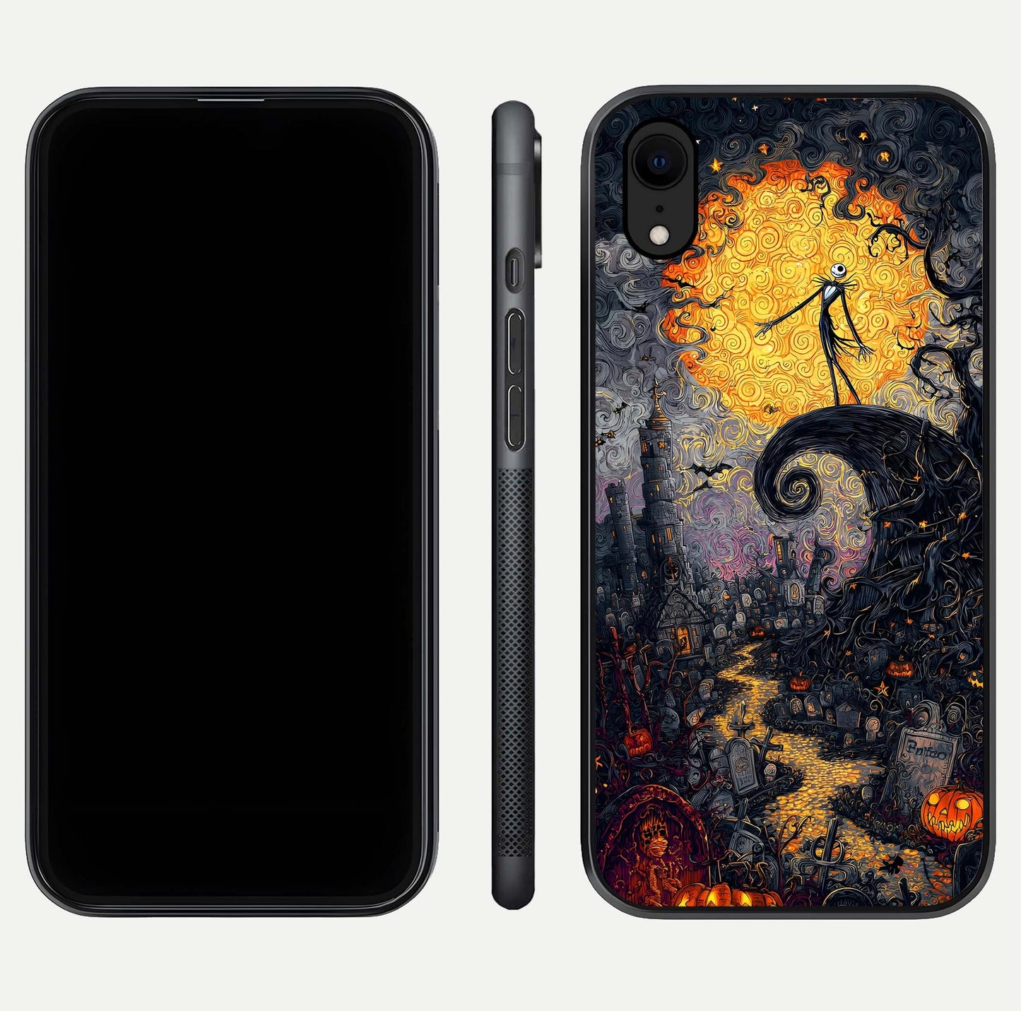 Pumpkin Moon Night Glass Case for iPhone Xr front & back layout highlighting festive tones and smooth edges