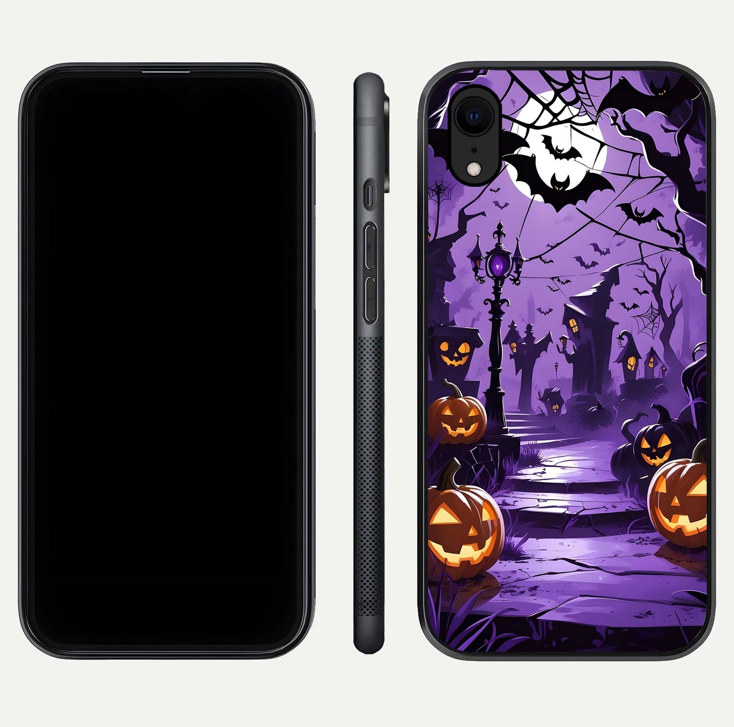 Pumpkin Patch Halloween Glass Case for iPhone Xr front & back layout showing festive Halloween print