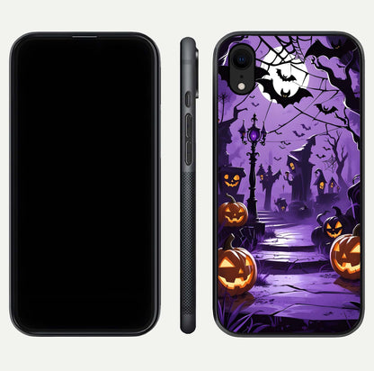 Pumpkin Patch Halloween Glass Case for iPhone Xr front & back layout showing festive Halloween print