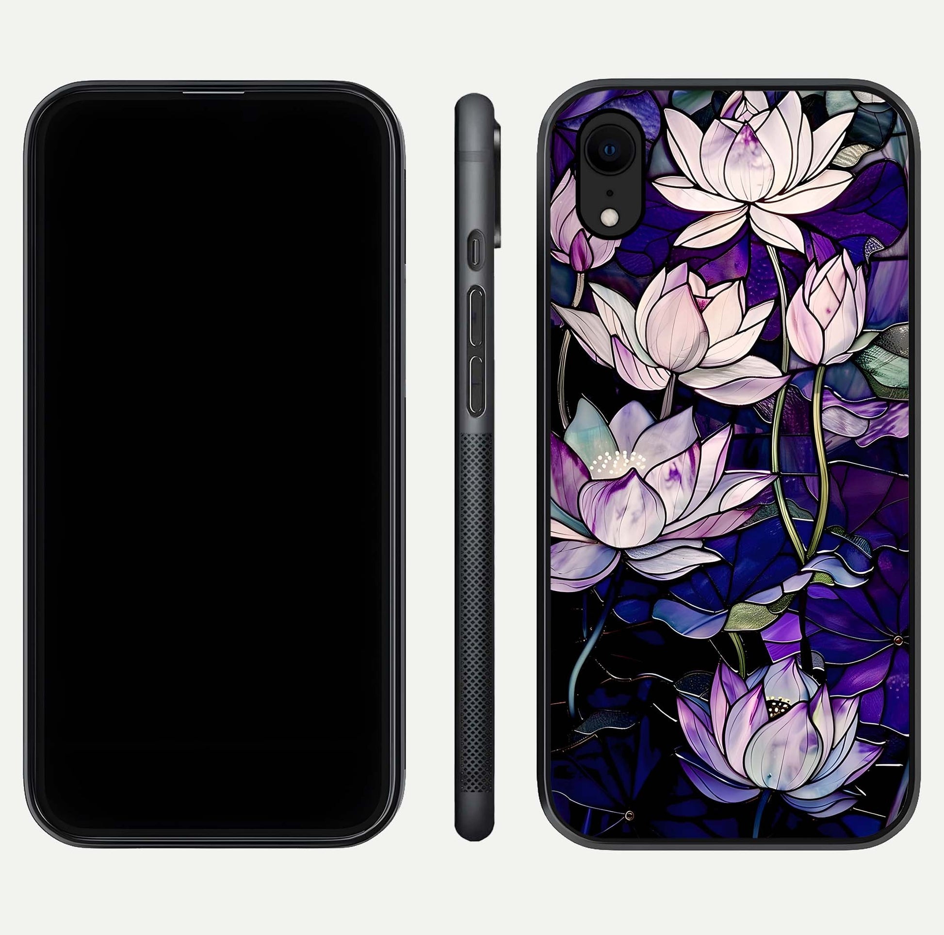 Purple Lotus Pattern Glass Case for iPhone Xr front & back layout highlighting floral tones and soft edges