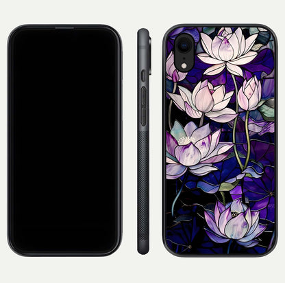 Purple Lotus Pattern Glass Case for iPhone Xr front & back layout highlighting floral tones and soft edges