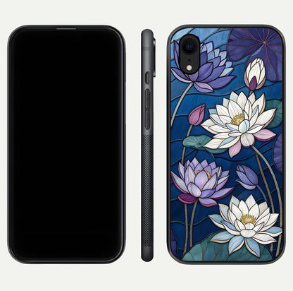 Purple Lotus Stained Glass Case for iPhone Xr front & back layout showing bright tones and smooth edge finish