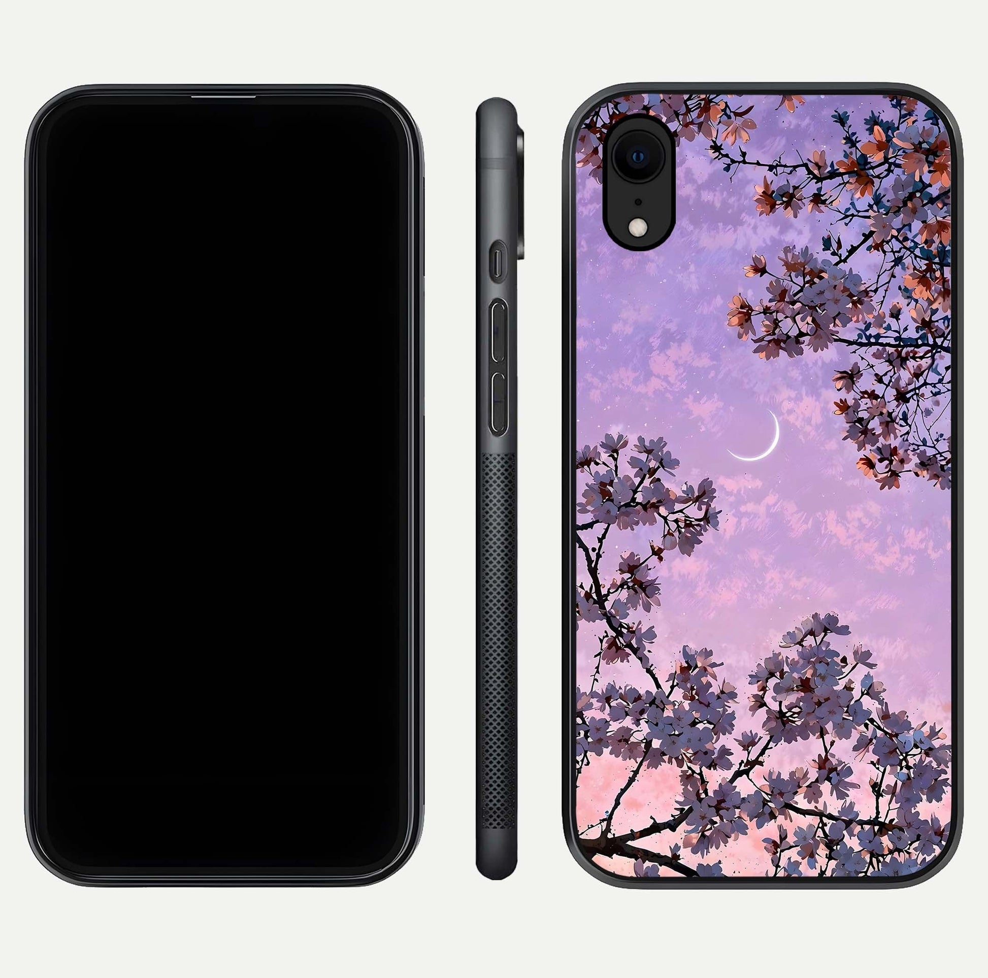 Purple Serenity Moon Glass Case for iPhone Xr front & back layout highlighting celestial tones and curves