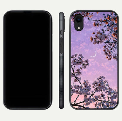 Purple Serenity Moon Glass Case for iPhone Xr front & back layout highlighting celestial tones and curves
