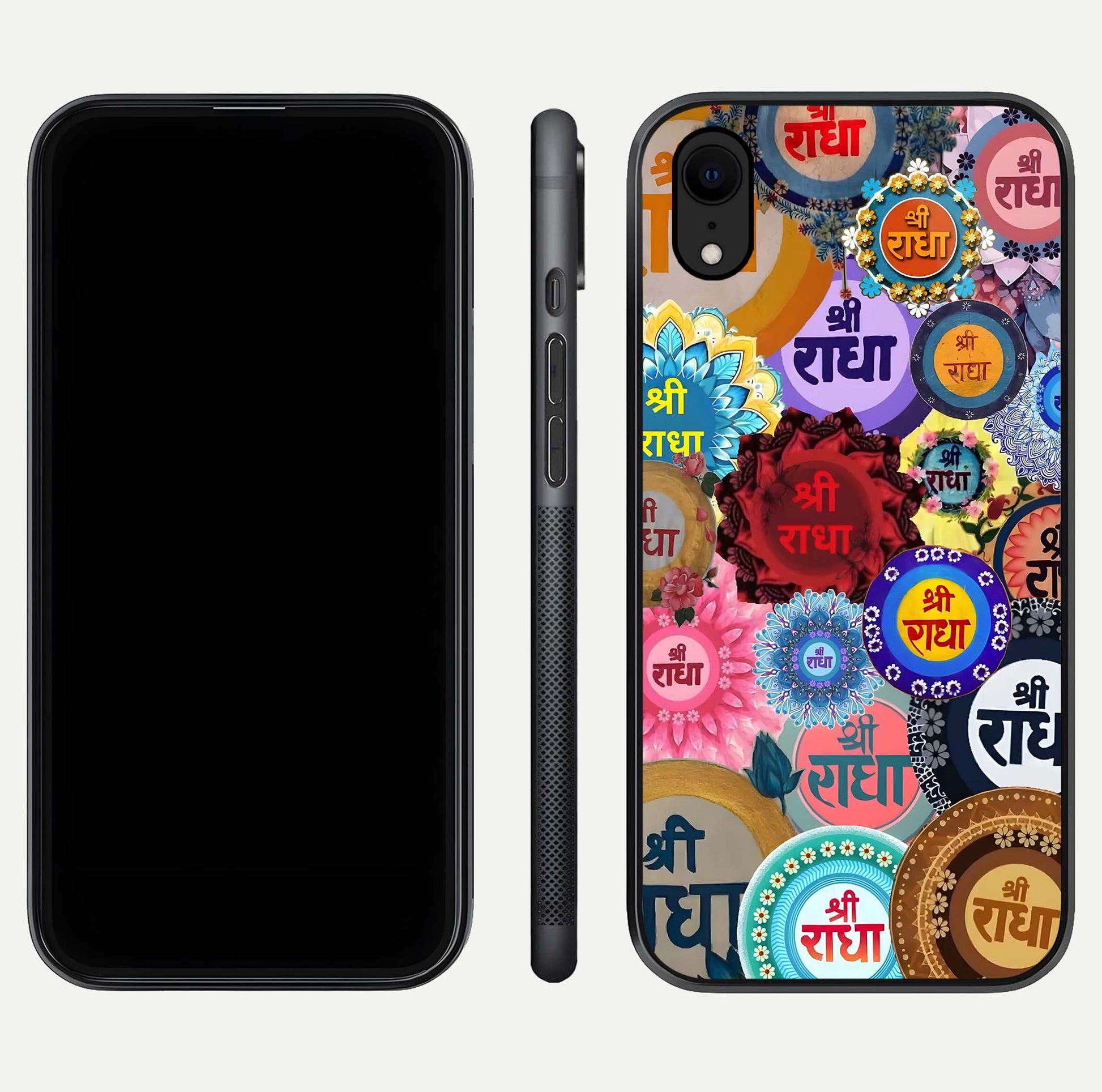 Radha Divine Bloom Glass Case for iPhone Xr front & back layout showing spiritual tones and elegant edges