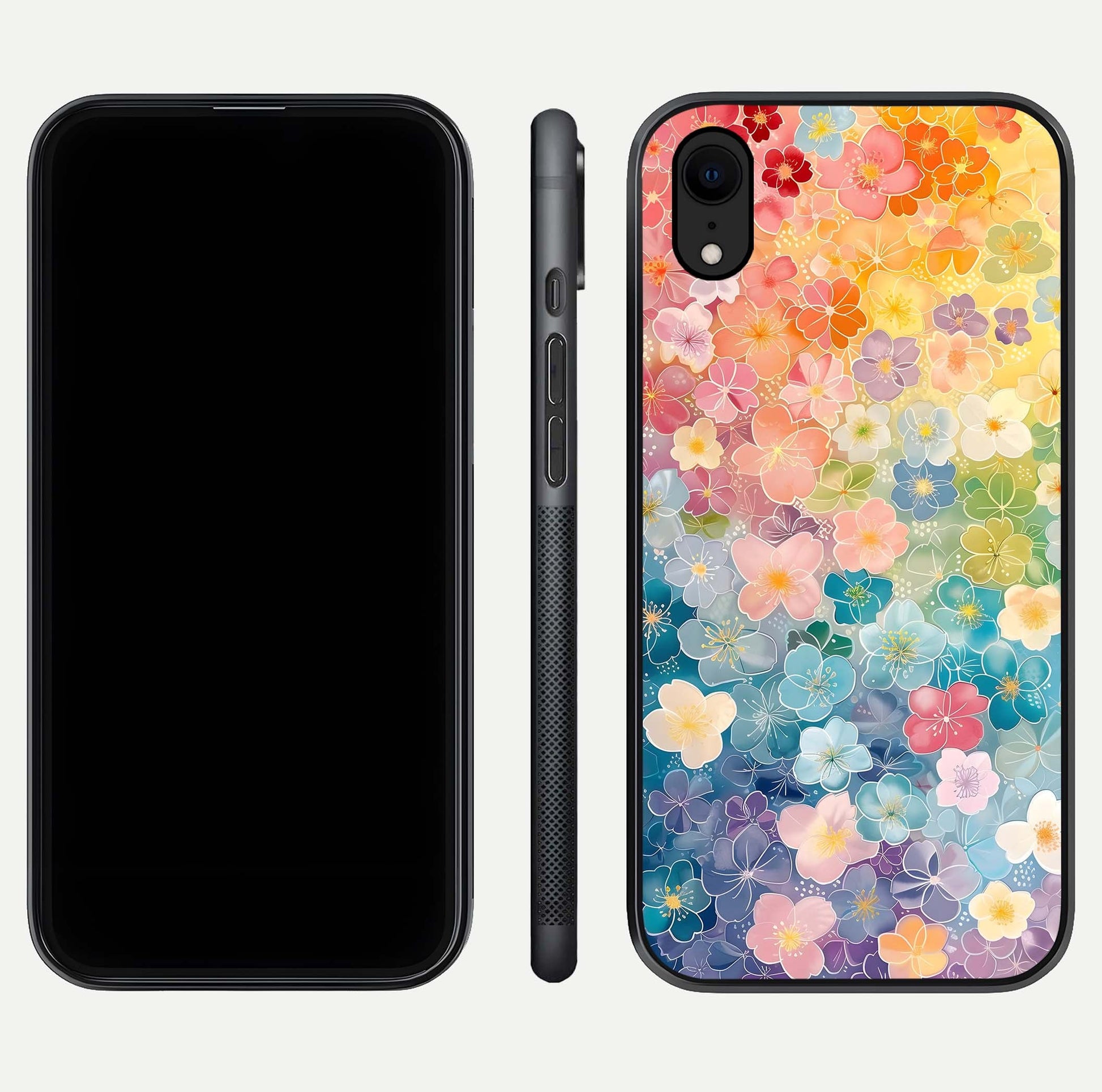 Rainbow Blossom Burst Glass Case for iPhone Xr front & back layout showing bright tones and edge finish