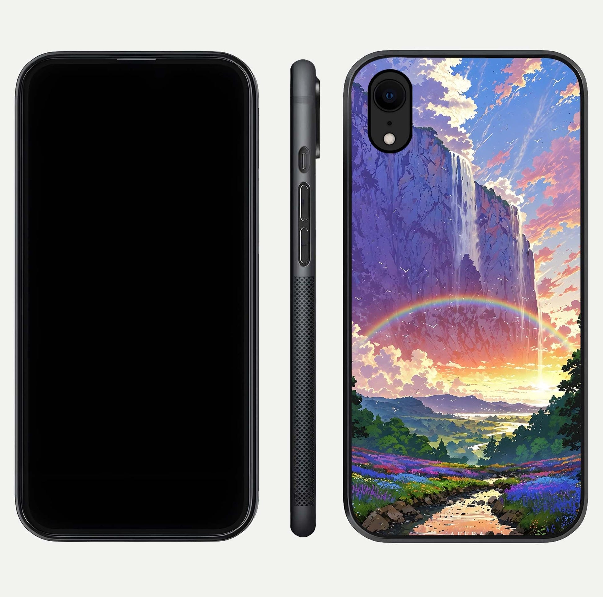 Rainbow Valley Dream Glass Case for iPhone 16 Pro front & back layout showing smooth color blend and curved edge