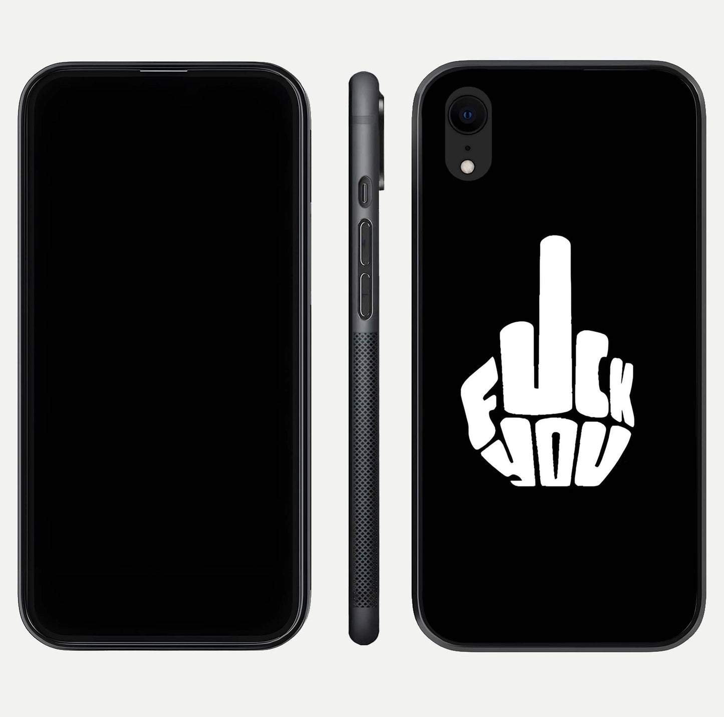 Rebel Mode On Glass Case for iPhone Xr front & back layout showing minimal tone and clean edge fit