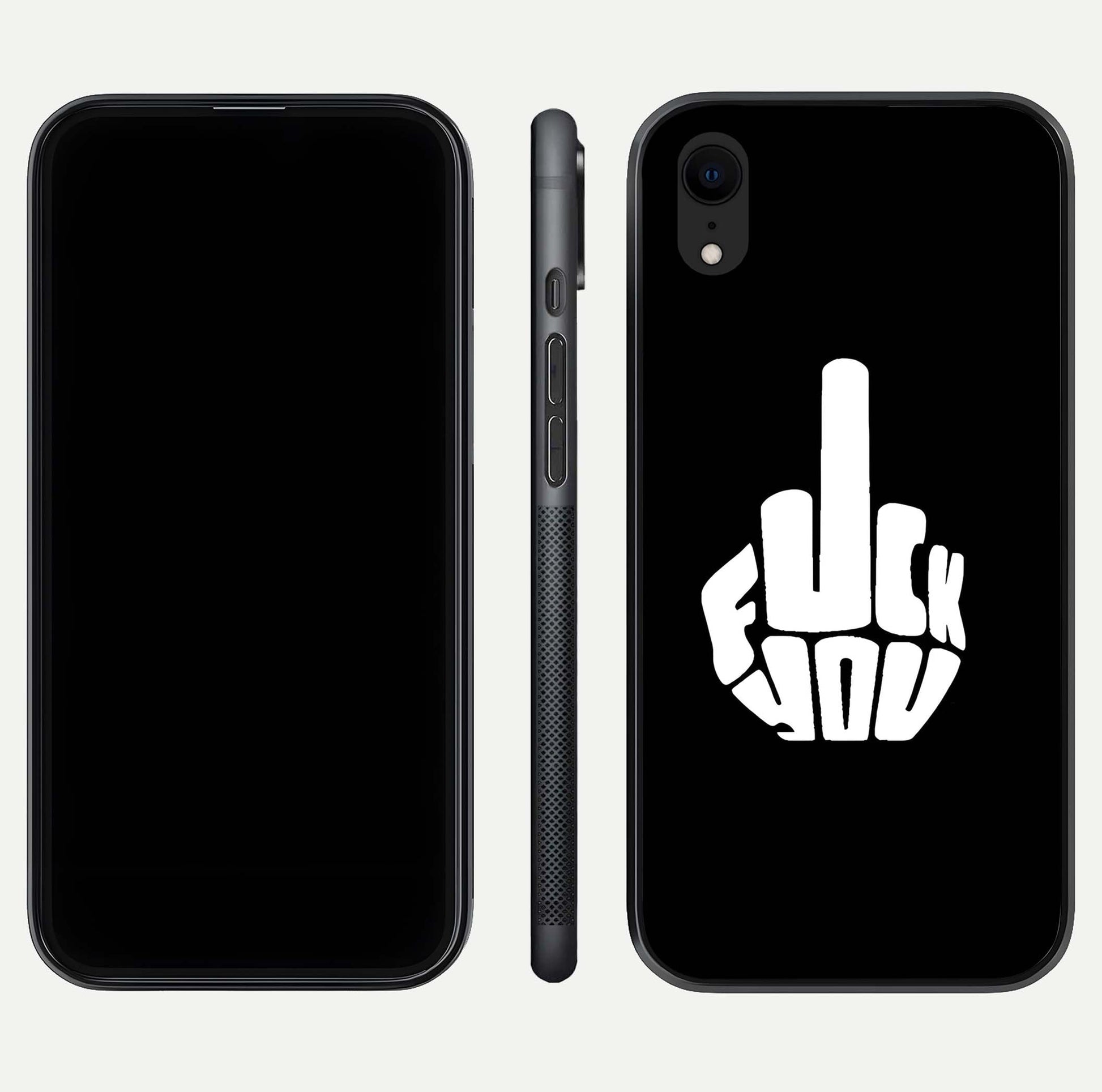 Rebel Mode On Glass Case for iPhone Xr front & back layout showing minimal tone and clean edge fit