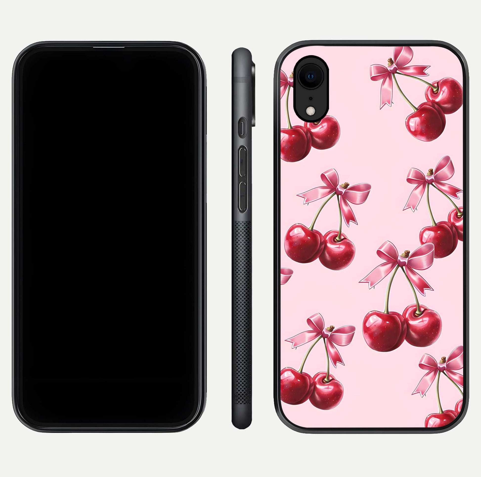 Red Cherries Pattern Glass Case for iPhone Xr front & back layout highlighting vibrant fruit print and edges