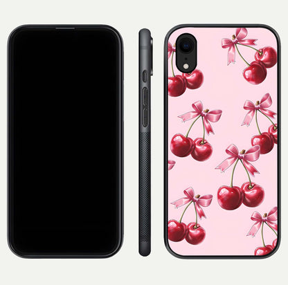 Red Cherries Pattern Glass Case for iPhone Xr front & back layout highlighting vibrant fruit print and edges