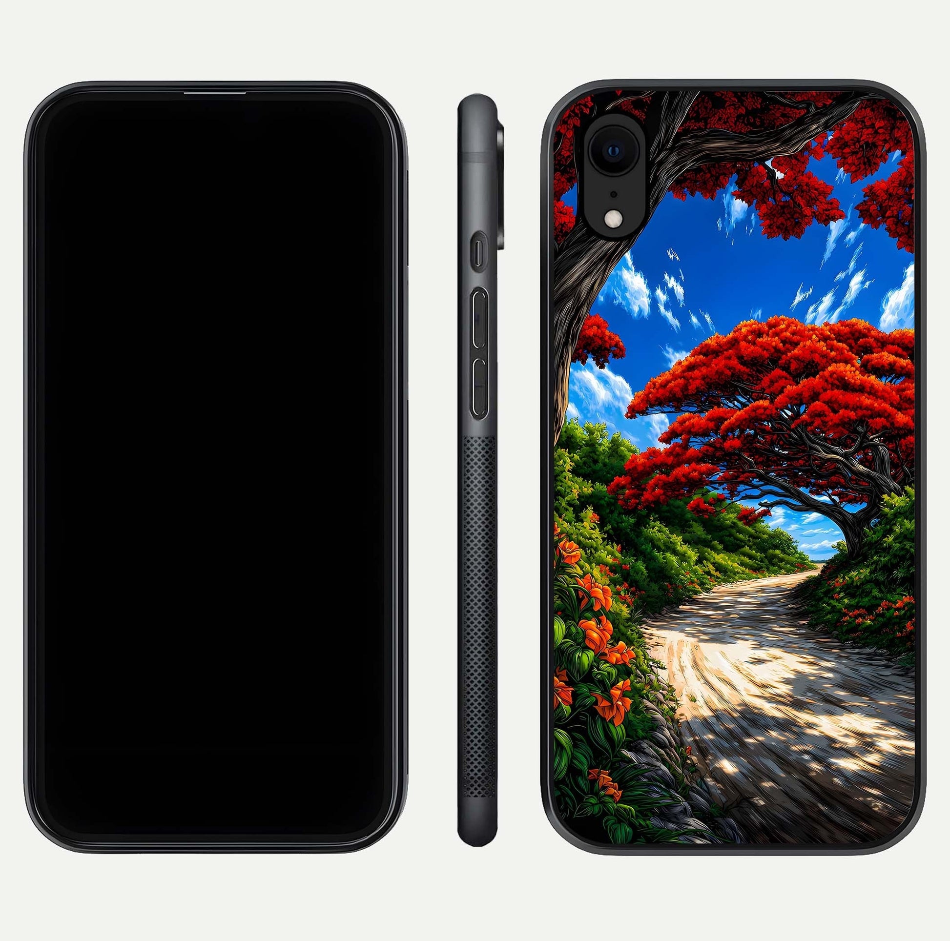 Red Trees Pathway Glass Case for iPhone Xr front & back layout showing scenic tone blend and edges