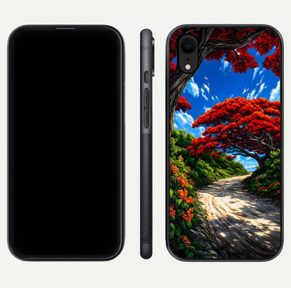 Red Trees Pathway Glass Case for iPhone Xr front & back layout showing scenic tone blend and edges