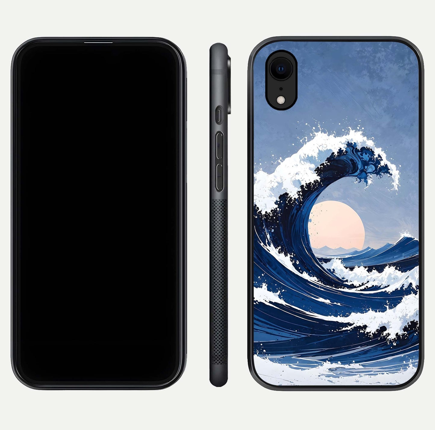 Rising Tide Power Glass Case for iPhone Xr front & back layout showing ocean design and smooth glass edge