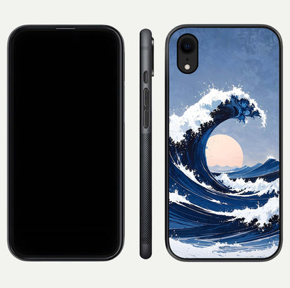 Rising Tide Power Glass Case for iPhone Xr front & back layout showing ocean design and smooth glass edge