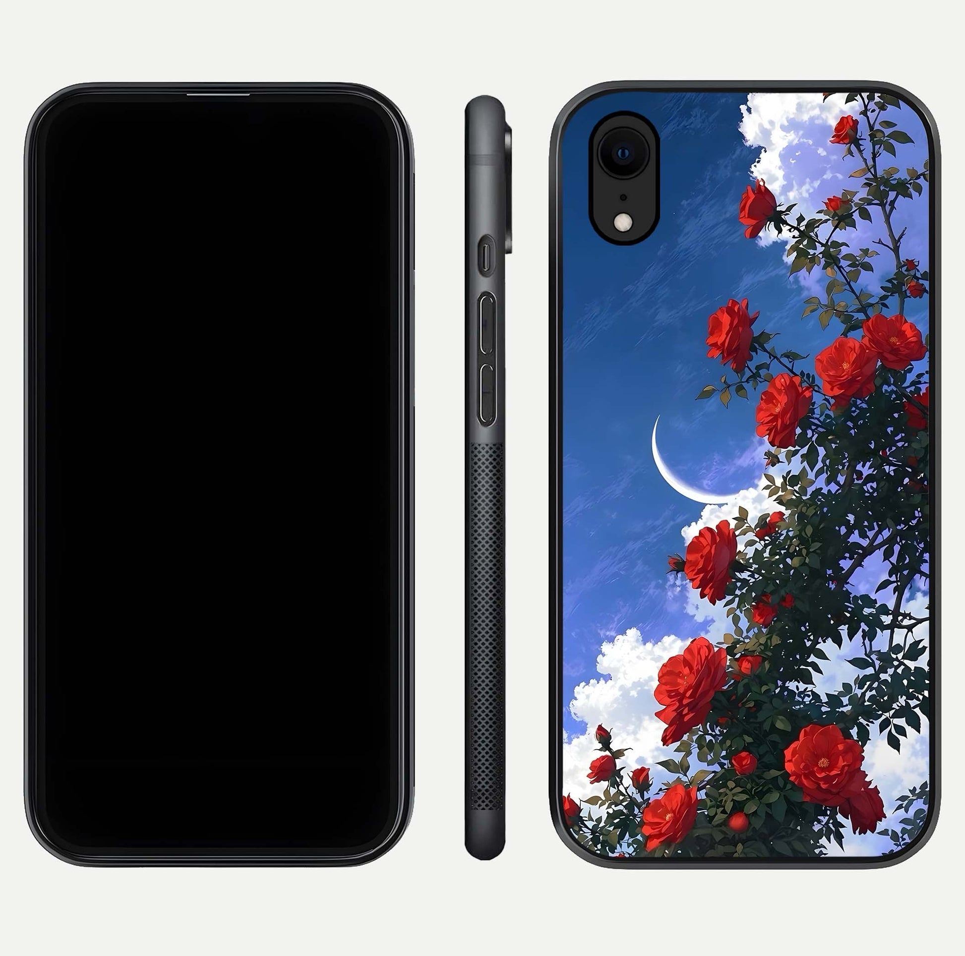 Rose Drift Flowers Glass Case for iPhone Xr front & back layout showing rose gradient tones and edges