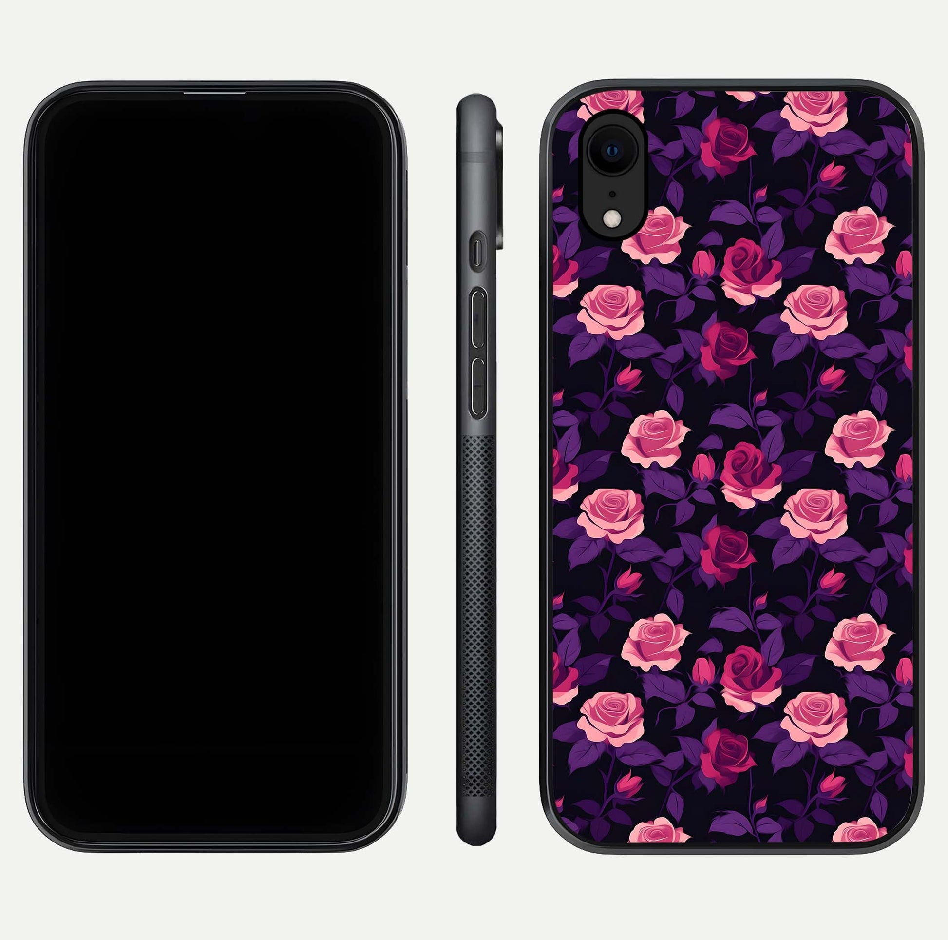 Rose Garden Twilight Glass Case for iPhone Xr front & back layout showing rich twilight tones and edges
