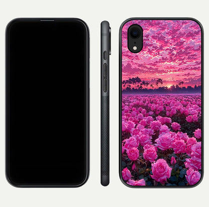 Rose Sunset Valley Glass Case for iPhone Xr front & back layout highlighting gradient tones and glass shine