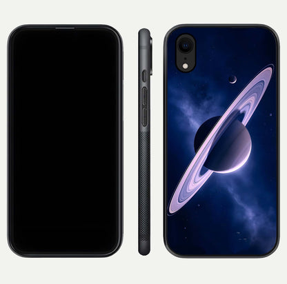 Saturn Ring Mystique Glass Case for iPhone Xr front & back layout showing cosmic tones and edge glow