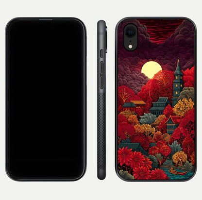 Scarlet Autumn Temple Glass Case for iPhone Xr front & back layout showing scenic tones and curved edges
