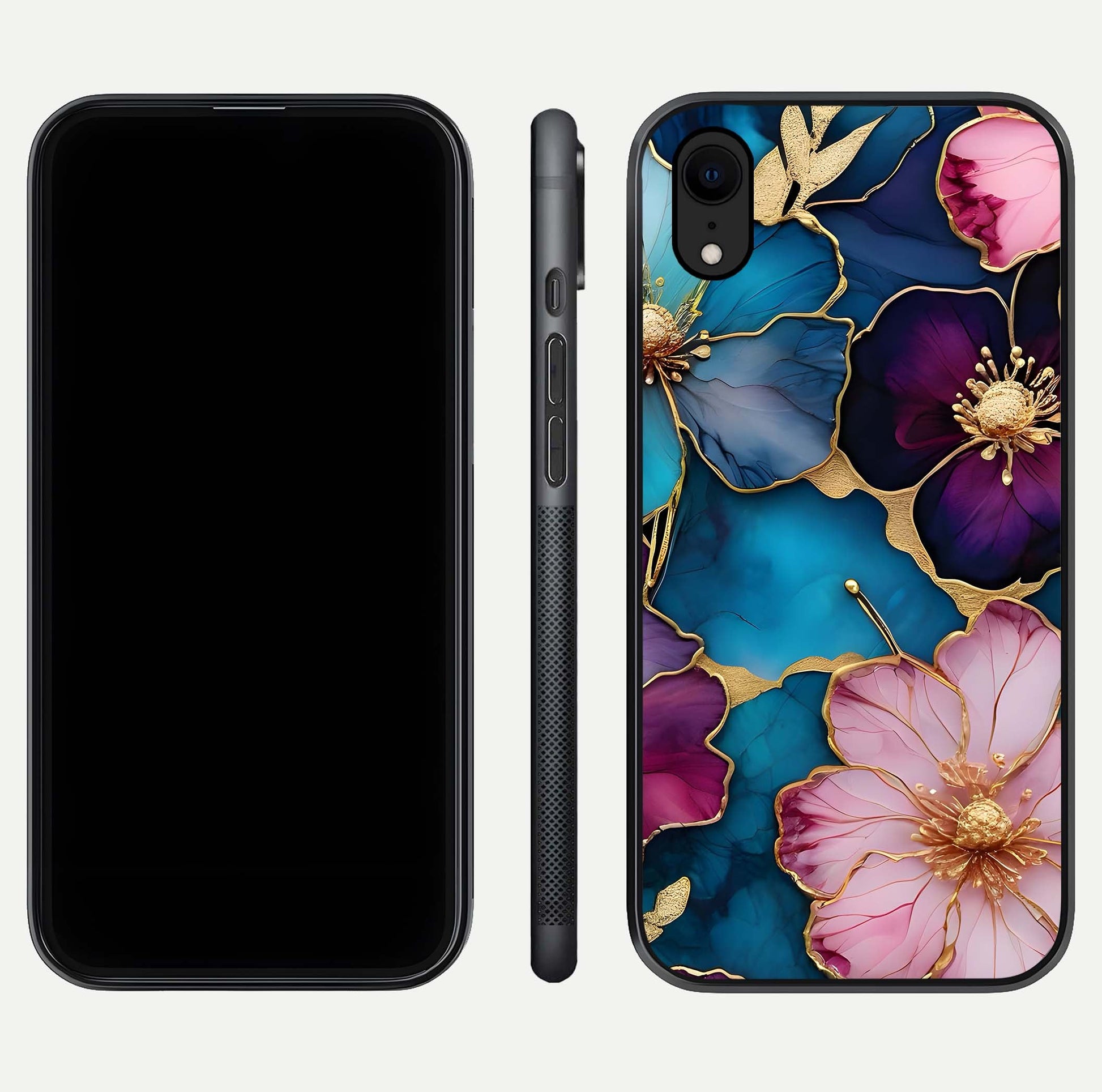 Sparkle Floral Glass Case for iPhone Xr front & back layout showing floral print and edge clarity