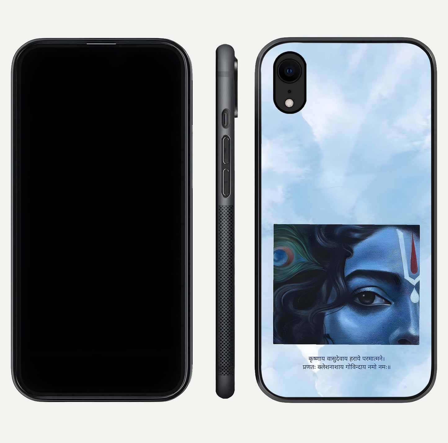 Spiritual Krishna Glass Case for iPhone 16 Pro front & back layout showing spiritual artwork and clean edge