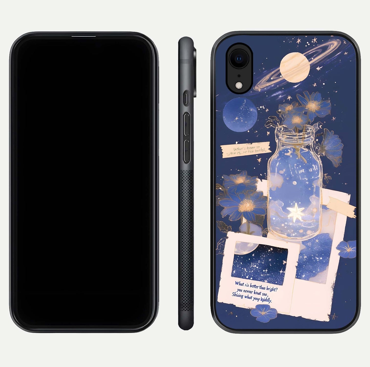Starlit Cosmic Jar Glass Case for iPhone Xr front & back layout showing cosmic pattern and curved glass edge