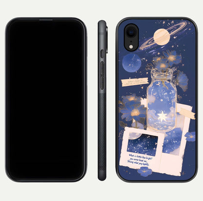 Starlit Cosmic Jar Glass Case for iPhone Xr front & back layout showing cosmic pattern and curved glass edge