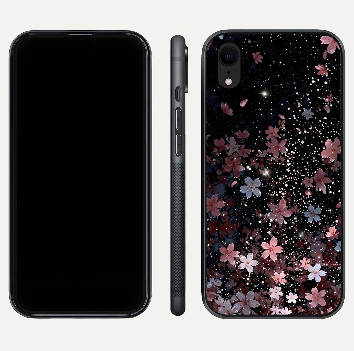Starlit Flower Dreams Glass Case for iPhone Xr front & back layout showing soft bloom design and curved edge