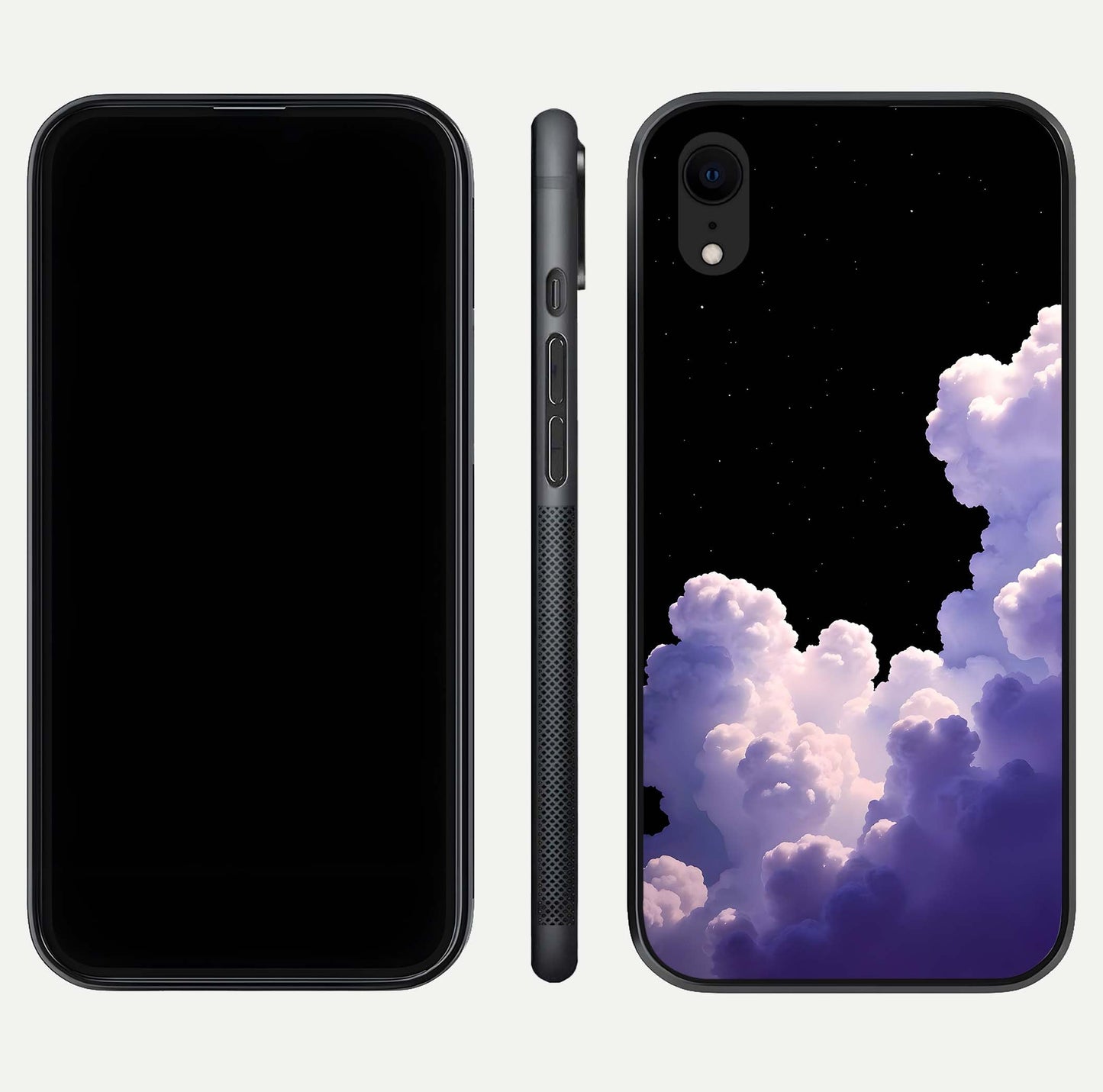 Starlit Night Whispers Glass Case for iPhone Xr front & back layout showing moon tones and curved edges